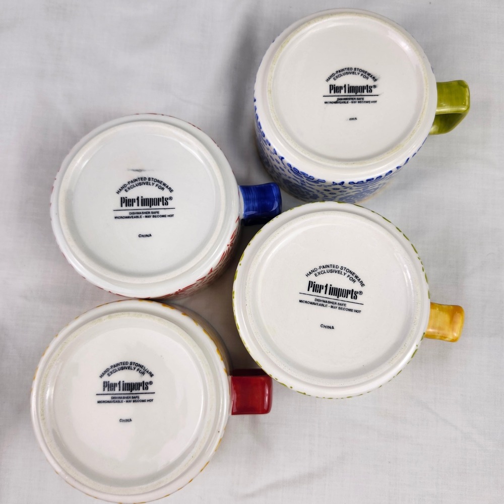 Pier 1 Imports Coffee Mugs Set of 4 Multicolor Floral Hand‎ Painted Stoneware - Picture 3 of 11